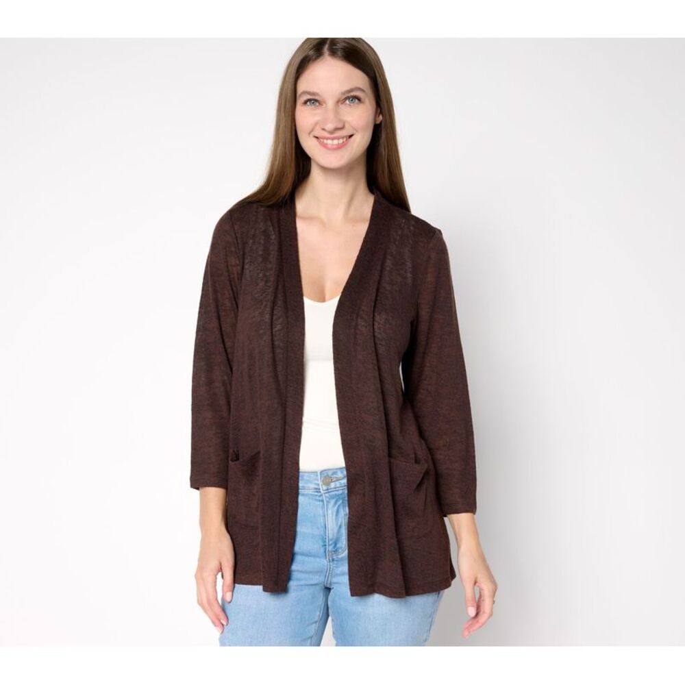 Denim & Co. Women's Top Sweater Sz L Essentials Slub Knit Sleeve Brown